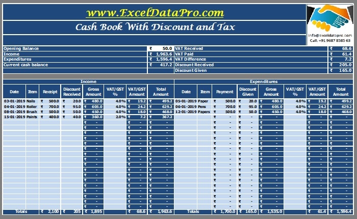 Cash Book With Discount and Tax