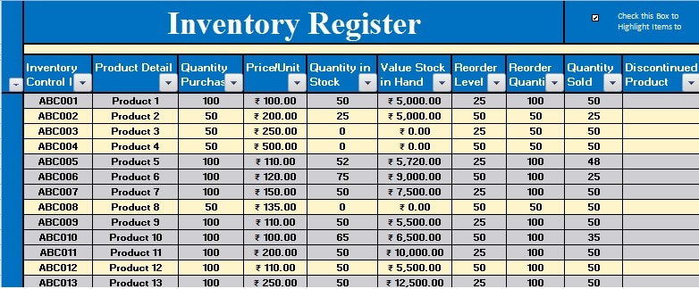 stock register format in excel