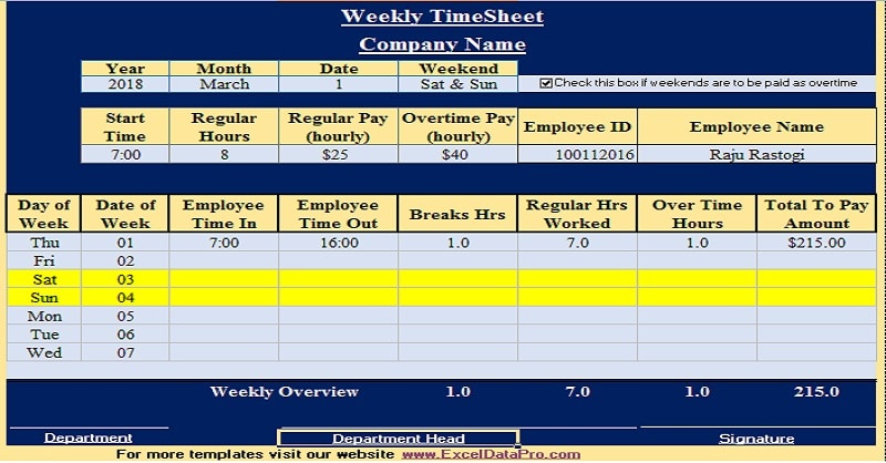 Download Weekly Timesheet Excel Template
