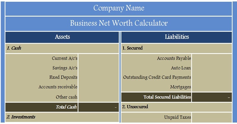 Download Business Net Worth Calculator Excel Template