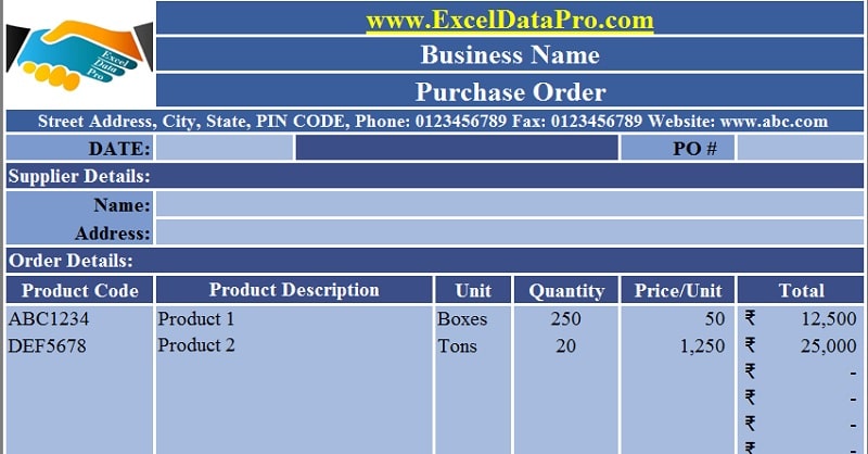 Download Purchase Order Excel Template - ExcelDataPro