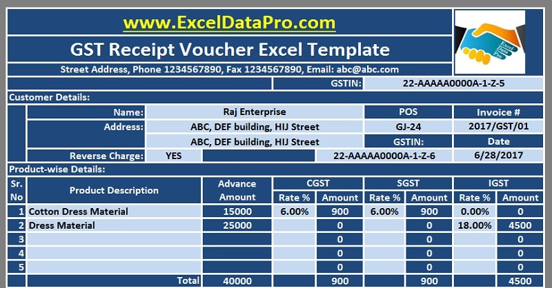 Download Gst Receipt Voucher Excel Template For Advance Payments