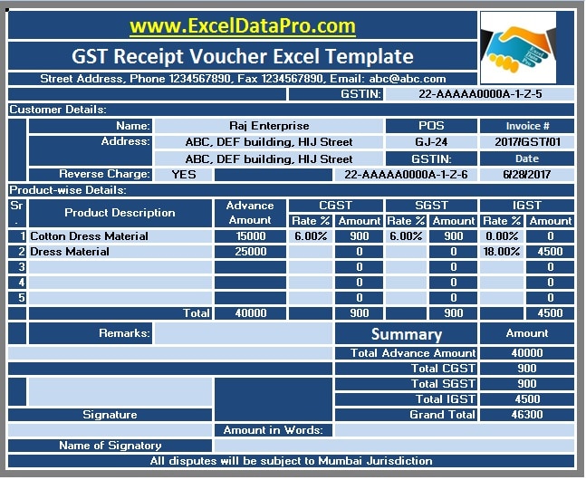 GST Receipt Voucher Excel Template