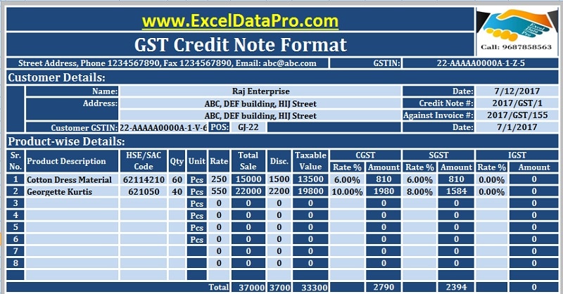 Download GST Credit Note Format In Excel Issued Against Goods Return Or Over Billing