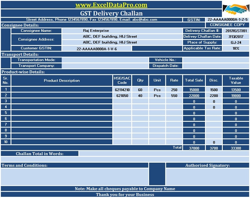 Download GST Delivery Challan Format In Excel For Transportation Of 