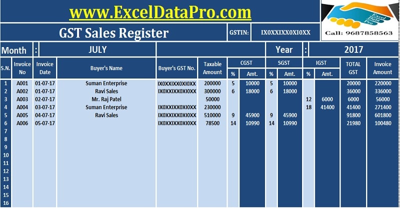 Download GST Sales Register Excel Template