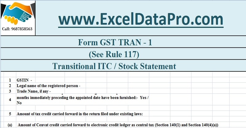 Download GST TRAN-1 Return Excel Template