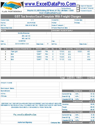 Download GST Tax Invoice Excel Template With Freight ...