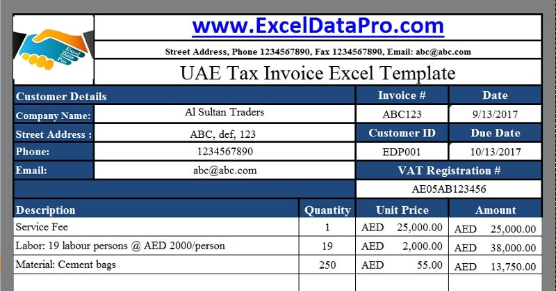 Download UAE VAT Tax Invoice Excel Template As Per The Federal Law 8 of 2017 on VAT