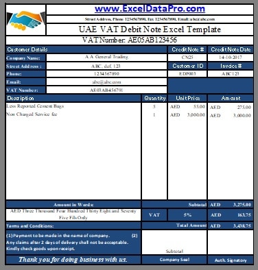 UAE VAT Debit Note Template