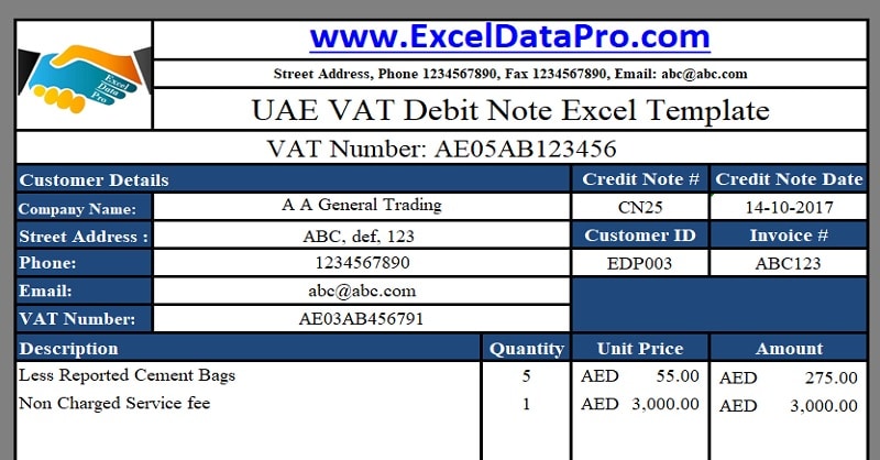 Download UAE VAT Debit Note Excel Template