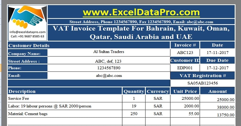 Download VAT Invoice Template for Bahrain, Kuwait, Oman, Qatar, Saudi Arabia and UAE