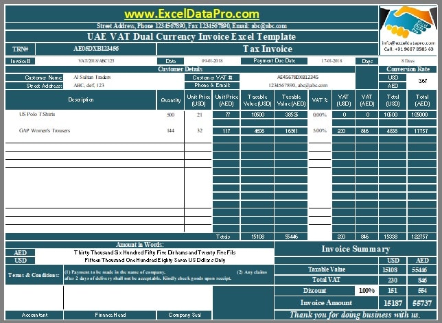 UAE VAT Dual Currency Invoice