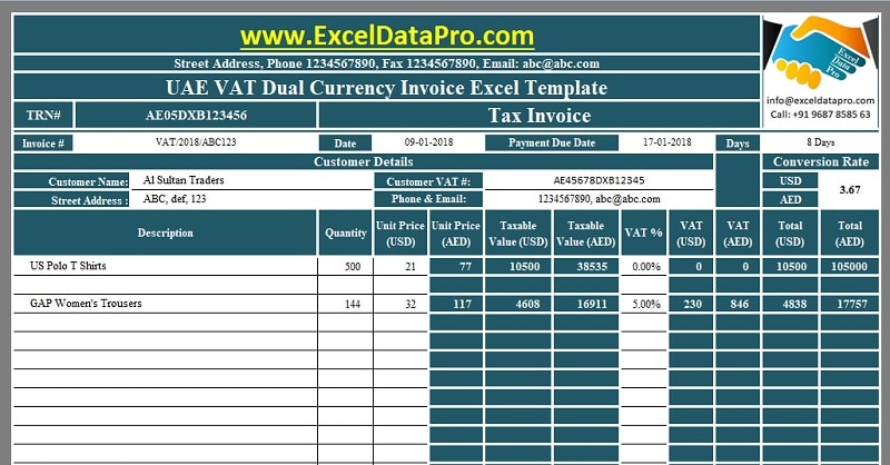 Download UAE VAT Dual Currency Invoice Excel Template