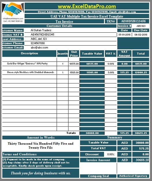 UAE VAT Multiple Tax Invoice