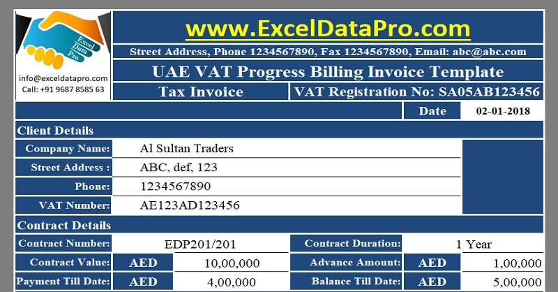 Download UAE VAT Progress Billing Invoice Excel Template