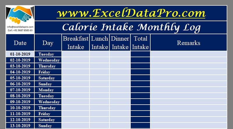 excel daily calorie tracker