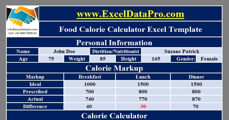 excel food and calorie tracker