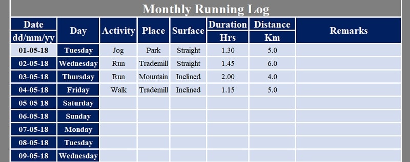 Download Monthly Running Log Excel Template ExcelDataPro