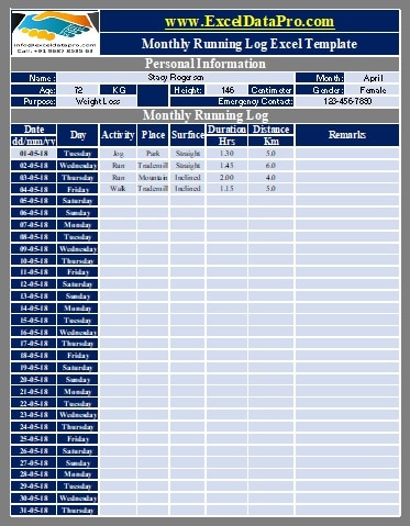 Download Monthly Running Log Excel Template - ExcelDataPro