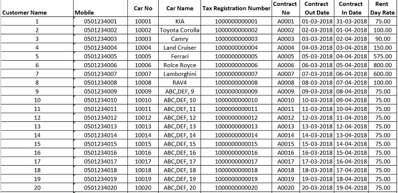 UAE VAT Invoice Format for Rent A Car Business