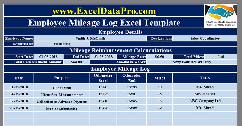 Download Employee Mileage Log Excel Template