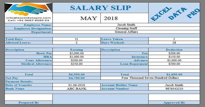 salary slip format in excel with formula