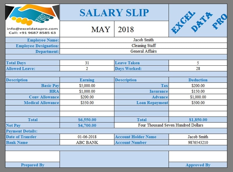 salary slip sample format india