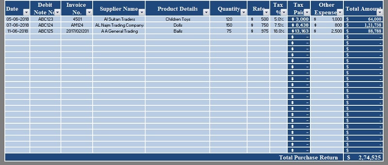 Purchase Return Book With Tax