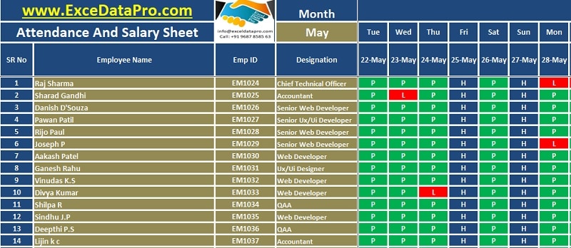 Salary Sheet With Attendance Register