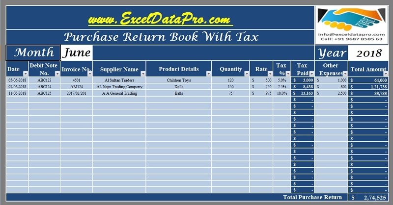 Download Purchase Return Book With Tax Excel Template