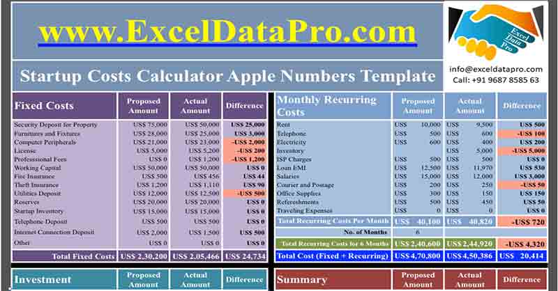 Startup Costs Calculator Apple Numbers Template