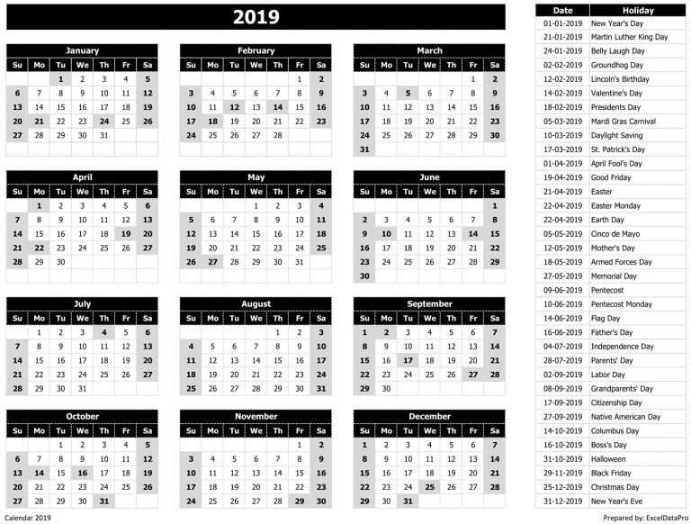 Download 2019 Yearly Calendar (sun Start) Excel Template - Exceldatapro