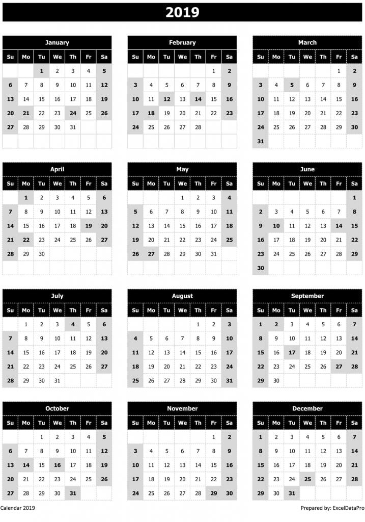 Download 2019 Yearly Calendar (Sun Start) Excel Template - ExcelDataPro