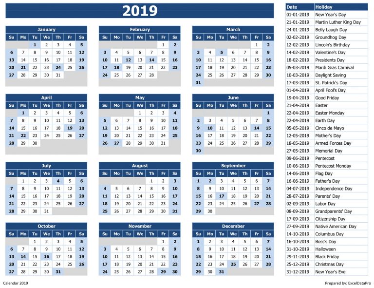 Download 2019 Yearly Calendar (Sun Start) Excel Template - ExcelDataPro