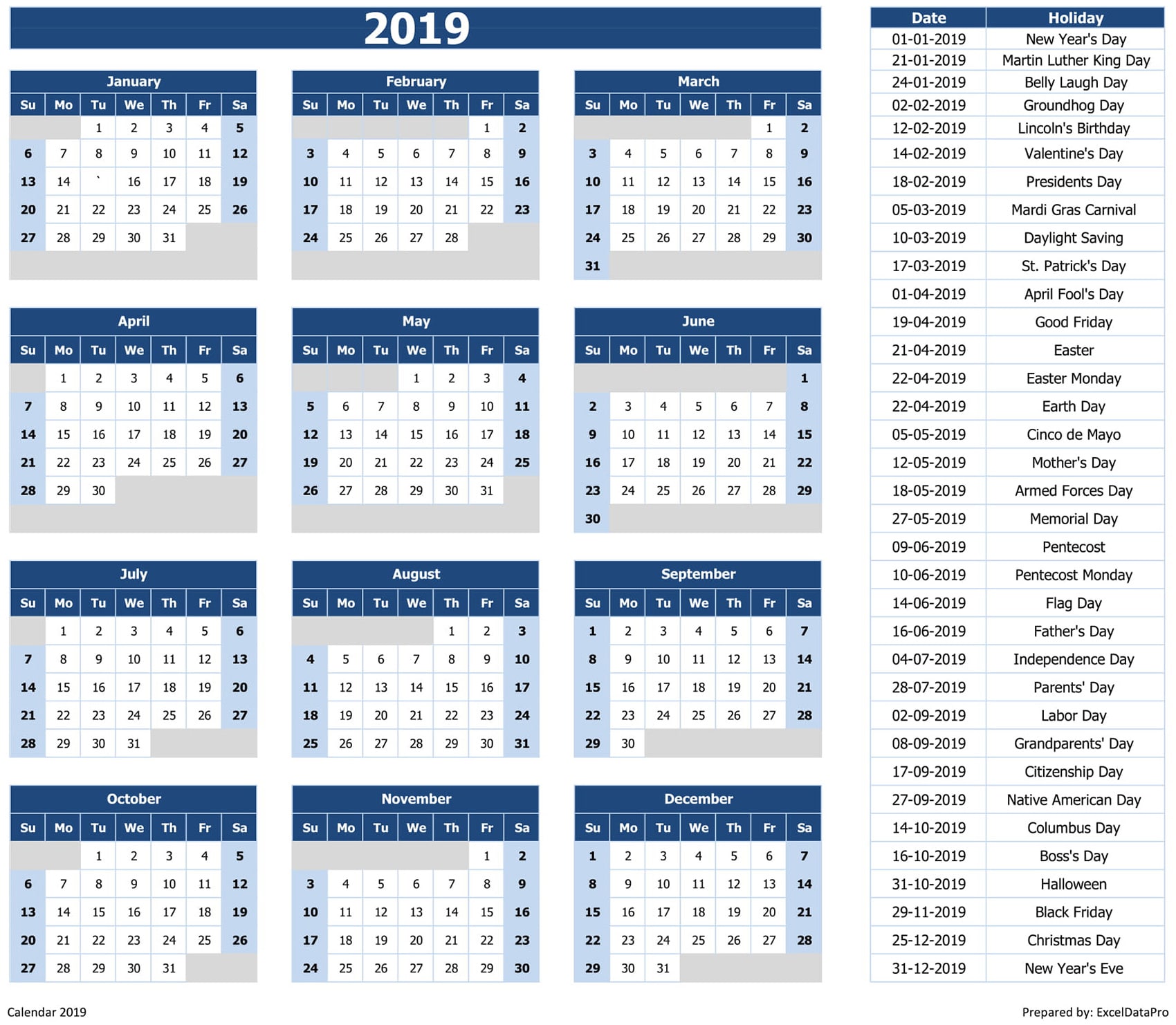 2019 Yearly Calendar Excel Template