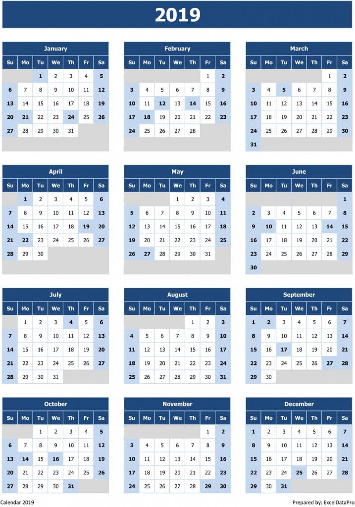 Download 2019 Yearly Calendar (sun Start) Excel Template - Exceldatapro