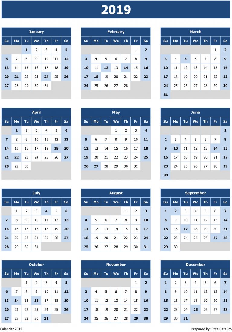 2019 Calendar Excel Templates, Printable PDFs & Images - ExcelDataPro