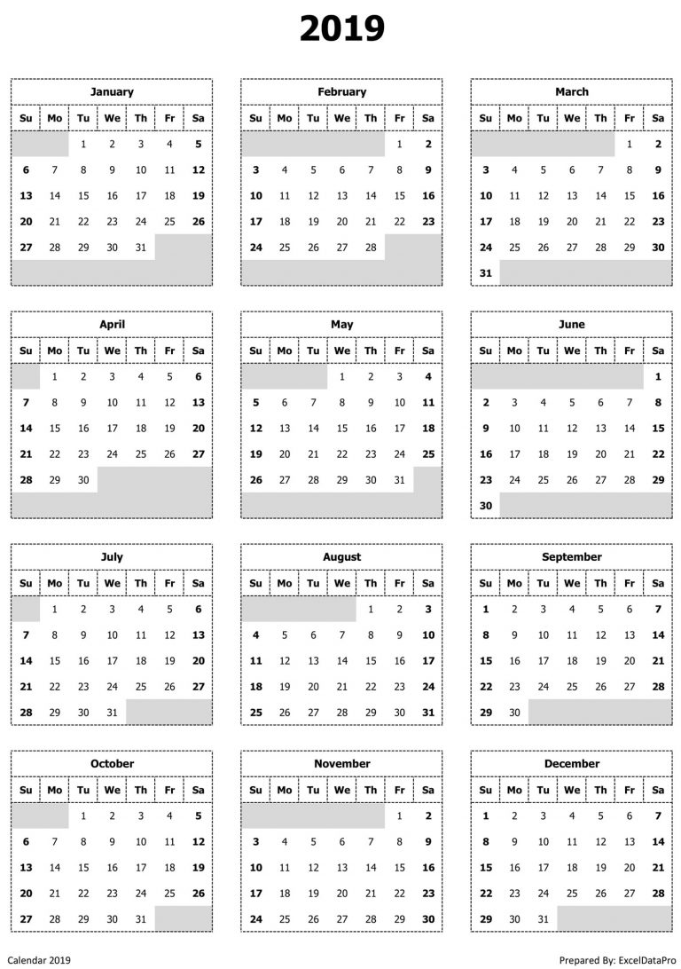 Download 2019 Yearly Calendar (Sun Start) Excel Template - ExcelDataPro