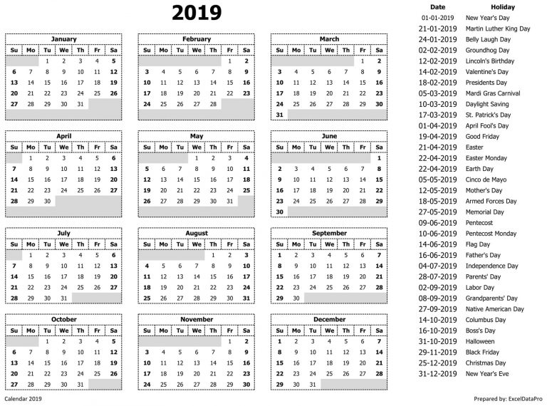 Download 2019 Yearly Calendar (Sun Start) Excel Template - ExcelDataPro