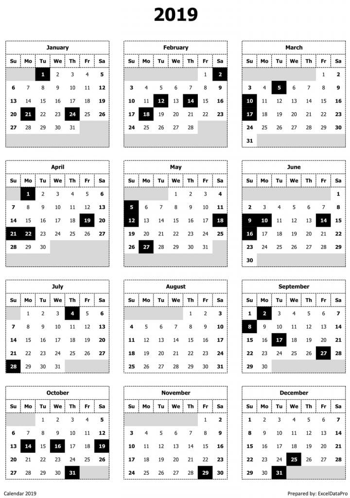 Download 2019 Yearly Calendar (Sun Start) Excel Template - ExcelDataPro