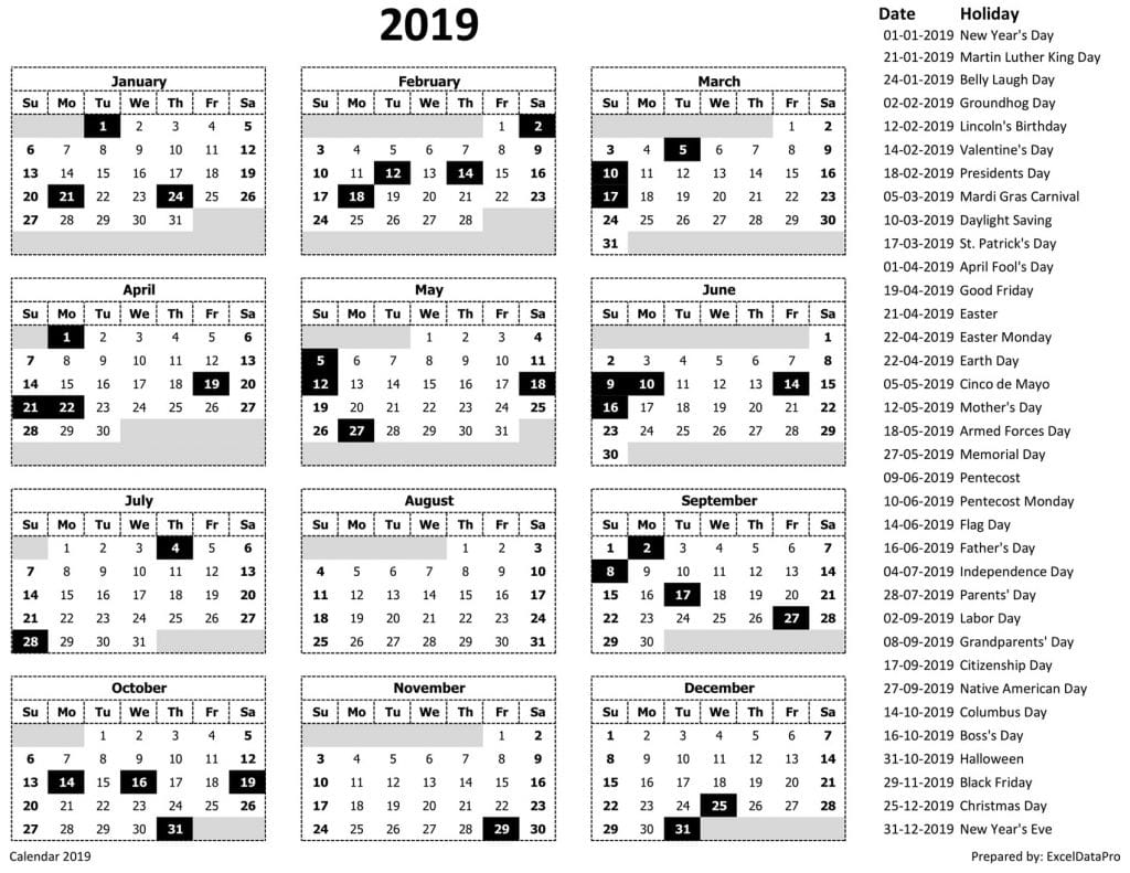 Download 2019 Yearly Calendar (Sun Start) Excel Template - ExcelDataPro