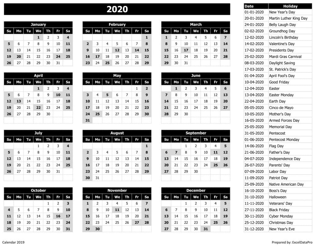 Download 2020 Yearly Calendar (Sun Start) Excel Template - ExcelDataPro