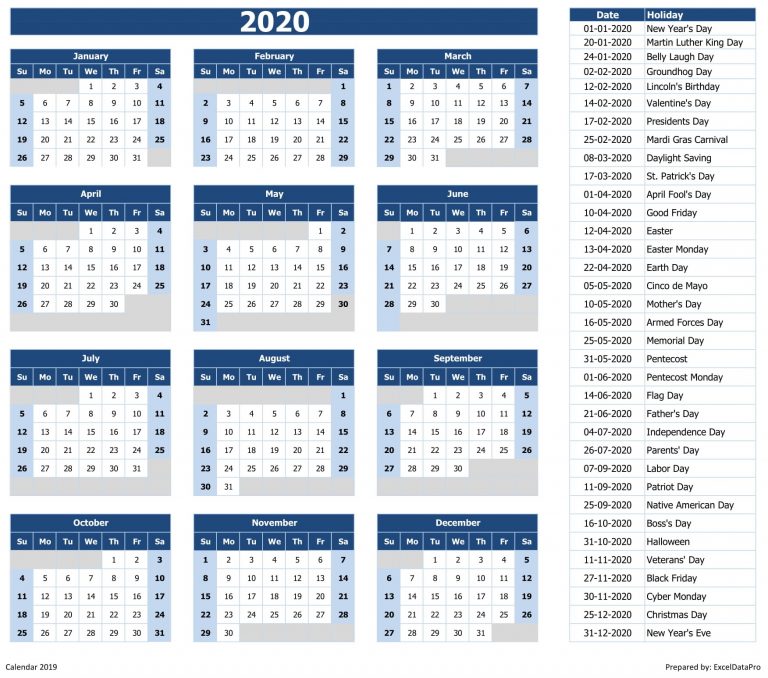 Download 2020 Yearly Calendar (Sun Start) Excel Template - ExcelDataPro