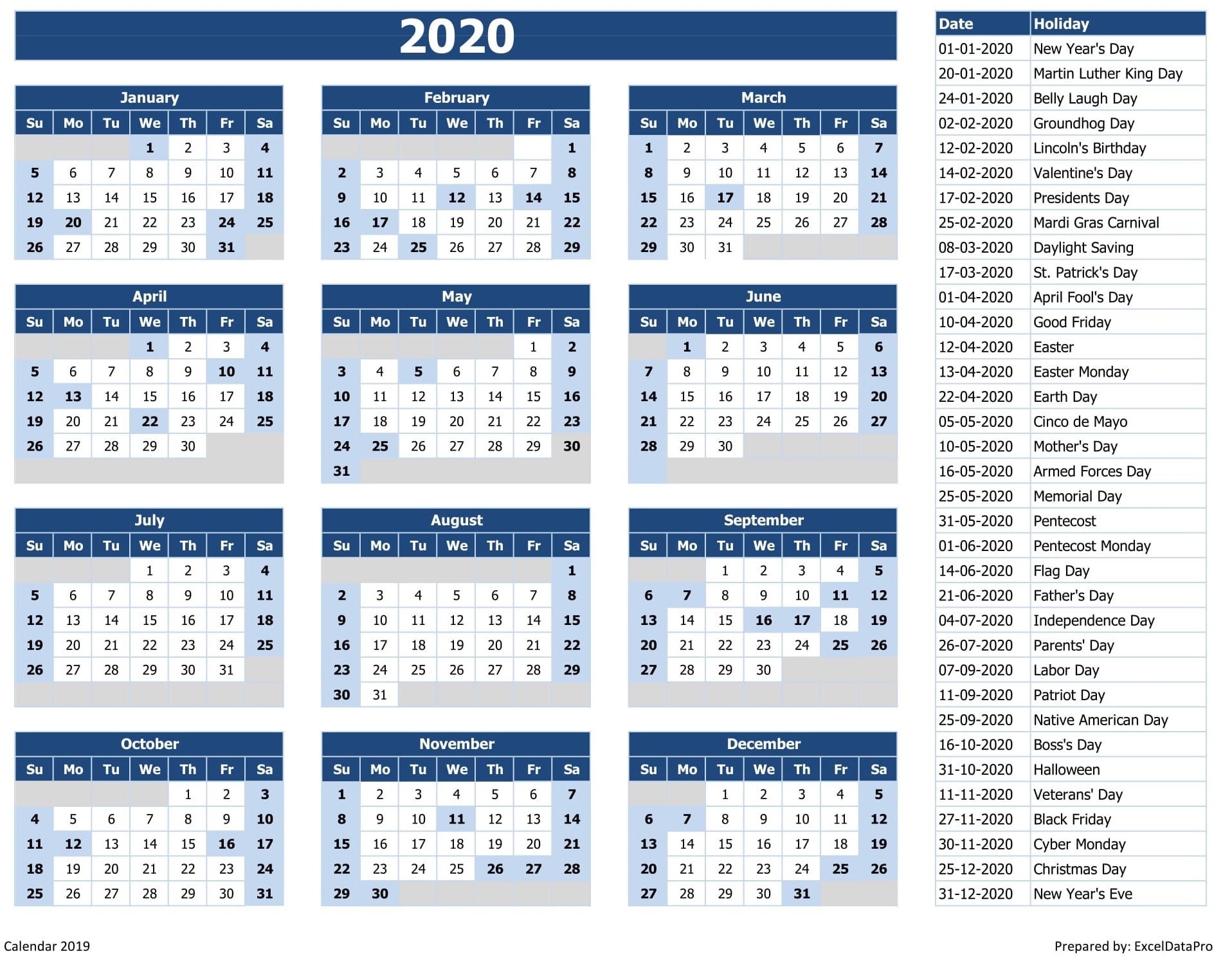 2020 Yearly Calendar