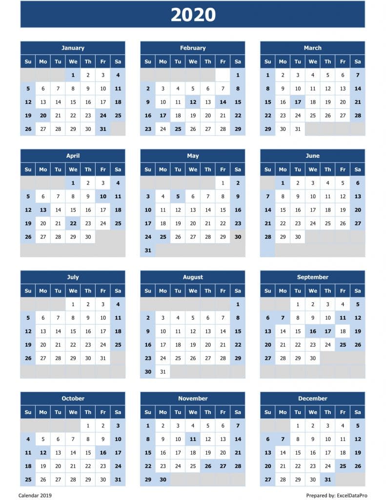 Download 2020 Yearly Calendar (Sun Start) Excel Template - ExcelDataPro