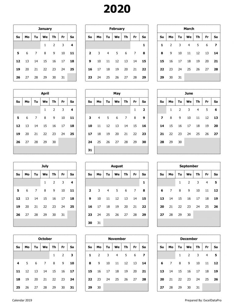 Download 2020 Yearly Calendar (Sun Start) Excel Template - ExcelDataPro