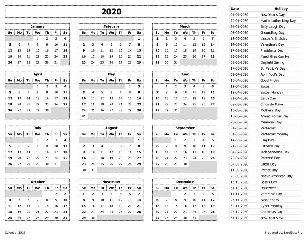 Download 2020 Yearly Calendar (Sun Start) Excel Template - ExcelDataPro