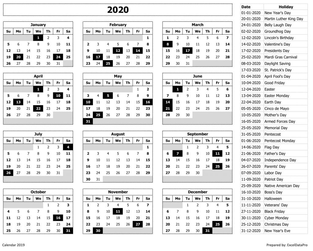 2020 Calendar Excel Templates, Printable PDFs & Images ExcelDataPro