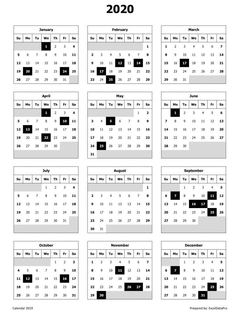 Download 2020 Yearly Calendar (Sun Start) Excel Template - ExcelDataPro